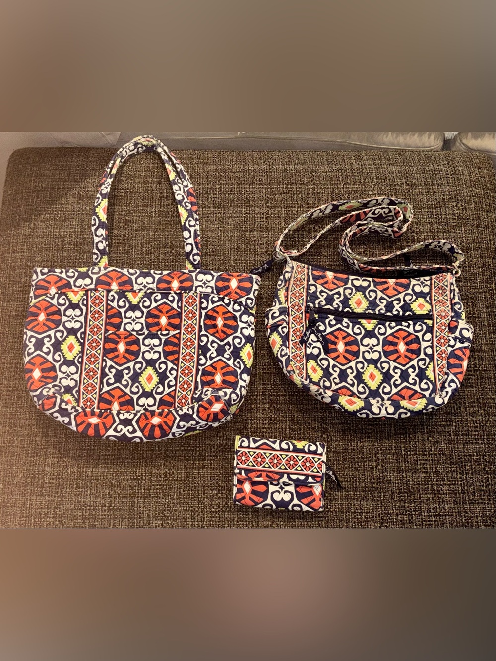 VERA BRADLEY 3 Piece Sun Valley 2013 Navy Orange Yellow Tote, Crossbody & Wallet